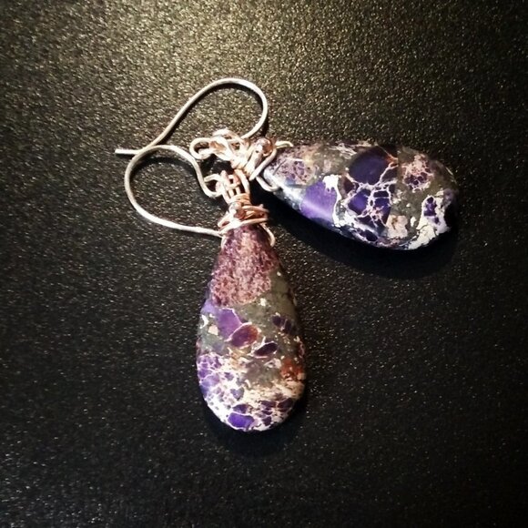 Purple & Plum Sea Sediment Jasper Teardrop + Rose Gold ~ Bold Dangle Earrings - Picture 2 of 12
